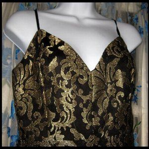 Stunning NEW Womens BLACK & Metallic GOLD THREAD Flare Mini Evening DRESS Sz S